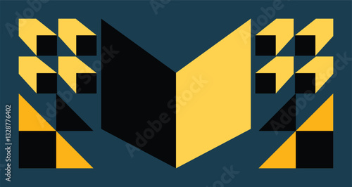 Colorful bauhaus style poster with geometric shapes on dark shade background