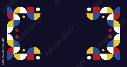 Colorful bauhaus style poster with geometric shapes on dark shade background