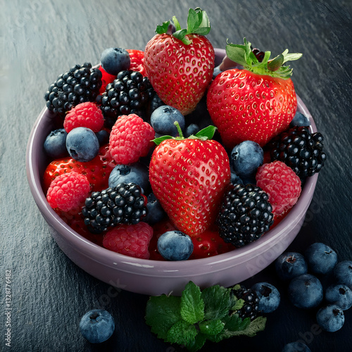 A Vibrant Bowl Overflowing With Juicy Strawberries, Plump Blueberries, And Sweet Raspberries, Creating A Tempting Summer Fruit Medley Bathed In Soft, Natural Light