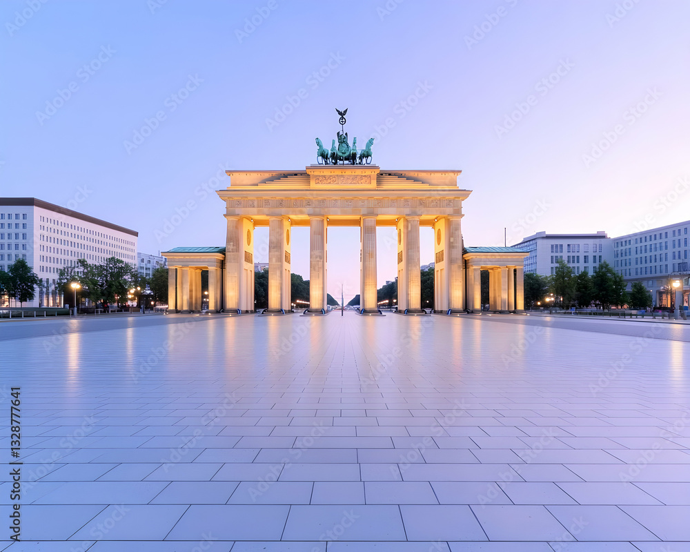 Fototapeta premium Illuminated triumphal arch at dawn, expansive plaza, city skyline