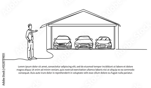 Continuous one line design of a man presenting cars in garage. Minimalist style vector illustration on white background.