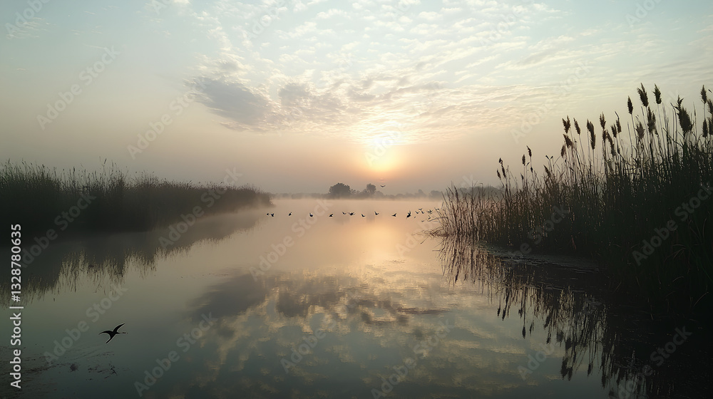 Fototapeta premium Sunset over serene lake with water reflection