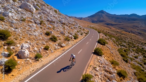 Experience the thrill of the ride with a cyclist's shadow stretching across a winding road in this captivating, abstract, and artistic shot Witness the beauty of movement and the interplay of light