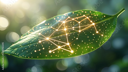 Tech Leaf: A close-up shot of a vibrant green leaf overlaid with a network of interconnected glowing nodes. The image symbolizes the fusion of technology and nature.