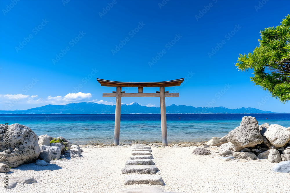 Coastal shrine gate path leads to tranquil ocean under vibrant sky Coastal shrine gate path leads to tranquil ocean under vibrant sky