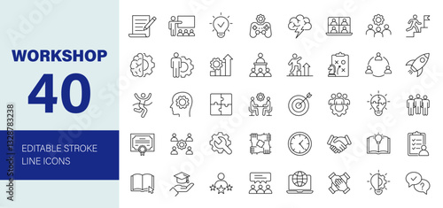 Workshop icon set. Training related line icons: coaching, meeting, business workshop, teamwork, presentation, managing, goal and more. Editable stroke. Vector illustration.