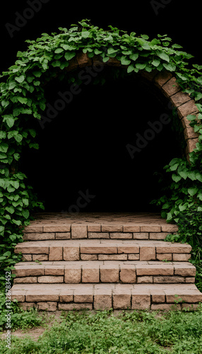 Ivy-covered stone archway with steps leading to a dark passage