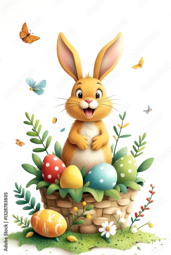 happpy easter bunny in the basket with colorful eggs illustration happpy easter bunny in the basket with colorful eggs illustration