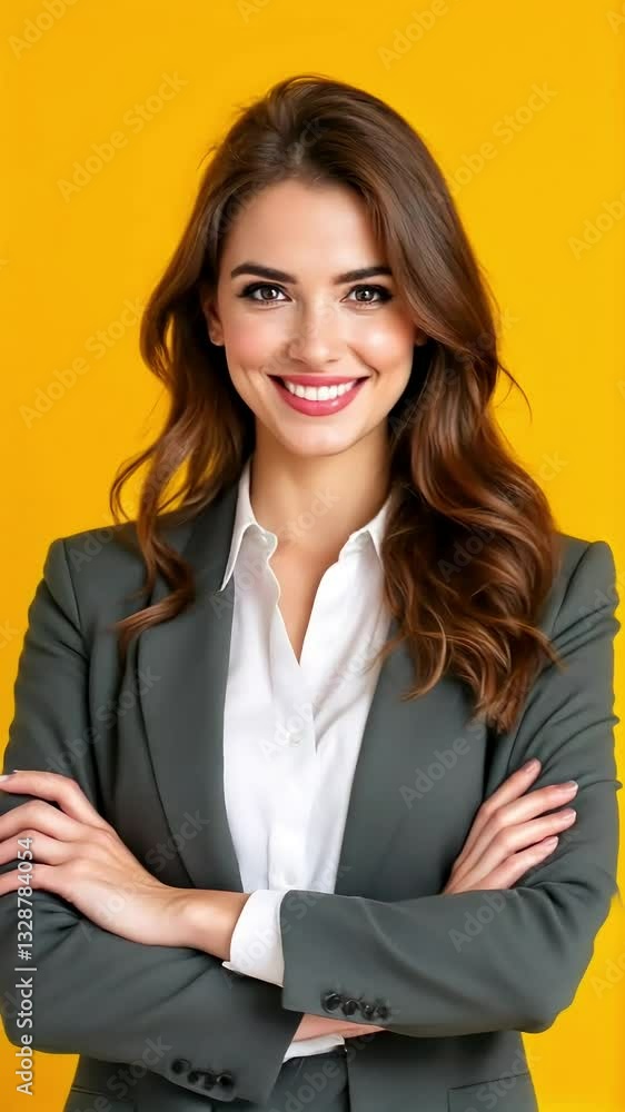 Portrait of a Confident Businesswoman in a Gray Suit Jacket Against a Yellow Background Portrait of a Confident Businesswoman in a Gray Suit Jacket Against a Yellow Background