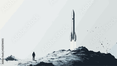 The image is a grayscale digital illustration or painting depicting a minimalist scene. A single, small human figure stands on a rocky hill in the foreground.  A large rocket, seemingly ready for