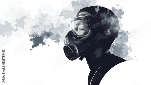 A grayscale illustration depicting the profile of a person wearing a gas mask. The figure is partially obscured by a hazy, smoke-like effect rendered in shades of gray and white, suggesting an