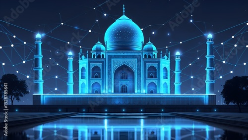 Digital Taj Mahal: Islamic masque and madrasa.  An awe-inspiring illustration showcasing the Taj Mahal bathed in a vibrant neon glow and connected by a network of digital lines and nodes.