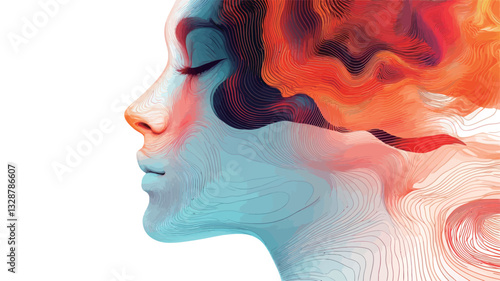 A digital illustration depicting a woman's profile in profile view.  The face is rendered in cool blues and teals, while abstract, swirling forms in warm oranges and reds emanate from the head,