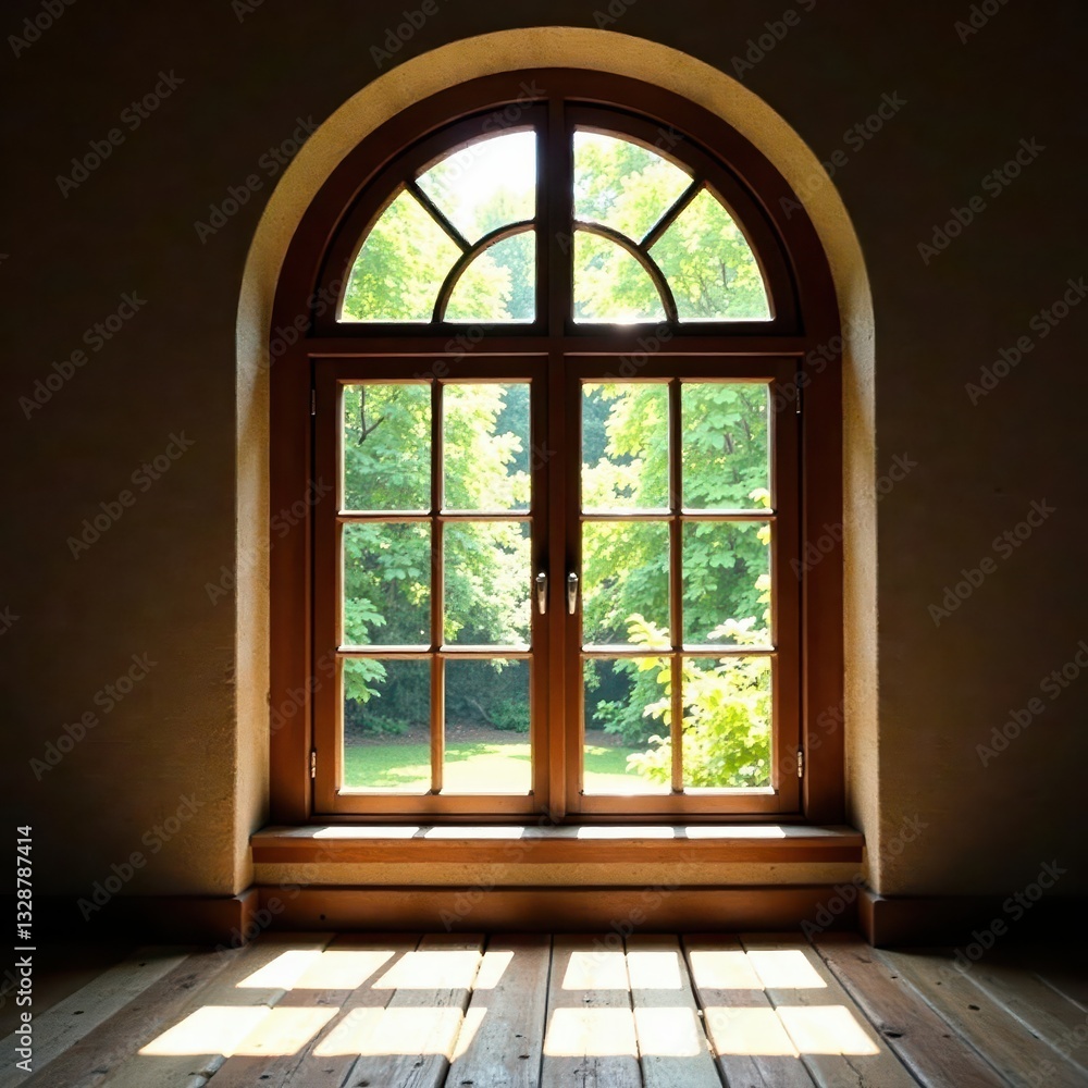 Fototapeta premium Rustic arched wooden window, sunlight streaming through, design, curve