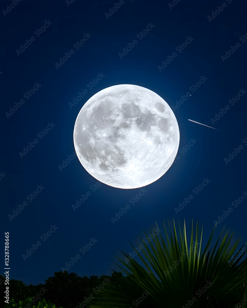 Fototapeta premium Full moon, meteor, and foliage at night