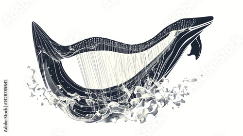 A stylized illustration of a humpback whale breaching the water. The whale is depicted in shades of dark blue and gray, with white accents suggesting water spray and movement. The style is