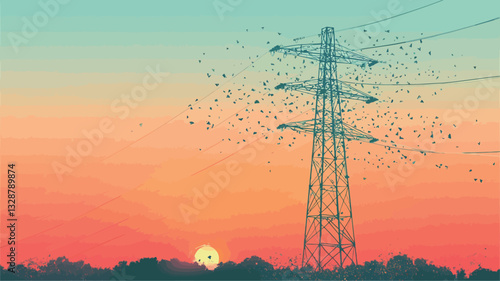 The image depicts a tall, slender electricity pylon against a vibrant sunset. A large flock of birds is visible surrounding and flying near the pylon. The sky is a gradient of orange, pink, and