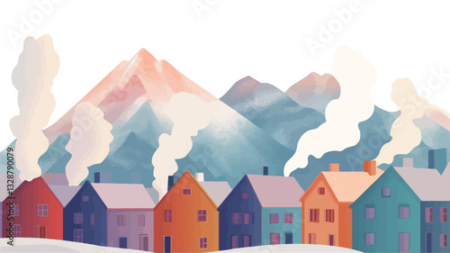 Digital illustration depicting a row of colorful houses nestled in a snowy landscape at the foot of a large, snow-capped mountain range. The style is whimsical and painterly, with soft, blended