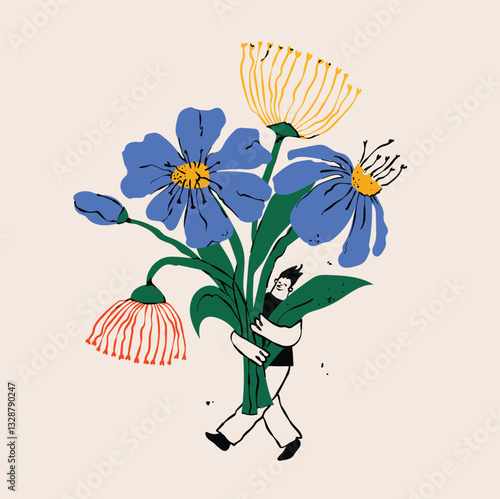 Young boy or girl holding drawn color bouquet of blossom flowers. Flat vector illustration for the greeting birthday cards, posters for Mother's, Valentine's, Women's Day.