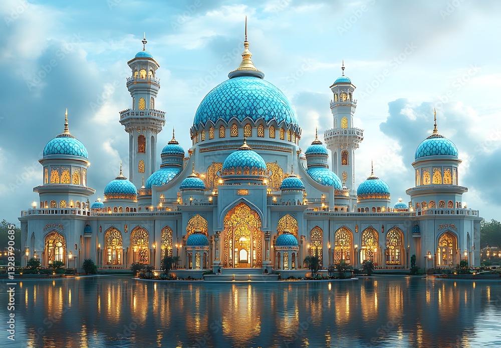 Fototapeta premium Majestic Palace with Blue Domes Reflected in Water