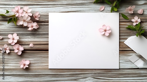 Pink cherry blossoms and stationary set on rustic wooden surface