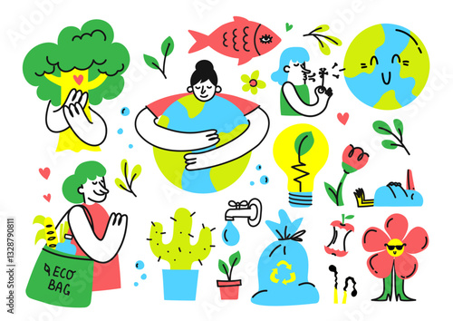 Collection of ecology stickers zero waste, recycle, eco friendly, go green, no plastic concept. Modern isolated vector badges for web and print in doodle hand drawn style
