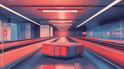 The image depicts a digitally rendered interior scene of a long, futuristic corridor featuring two parallel moving walkways. The corridor is characterized by a minimalist design with clean lines