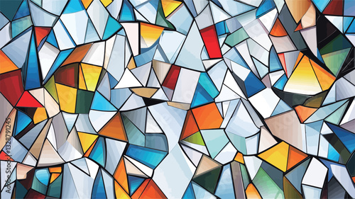 The image presents an abstract composition featuring a multitude of geometric shapes, predominantly triangles and polygons, interlocking to create a complex pattern.  The shapes are rendered in a