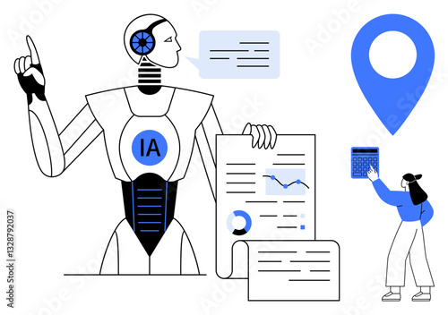 AI robot highlighting data trends and processes, user interpreting data, location marker. Ideal for technology, artificial intelligence, innovation, business analytics, decision-making, automation