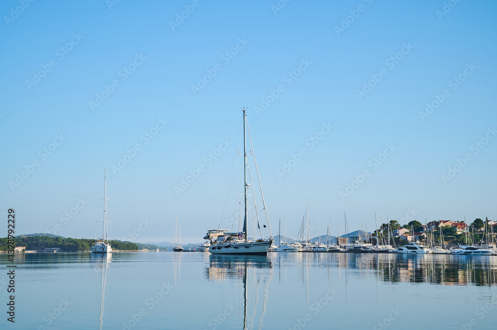 Multiple sailboats rest still in a tranquil bay with a clear sky and reflections in the water. Multiple sailboats rest still in a tranquil bay with a clear sky and reflections in the water.
