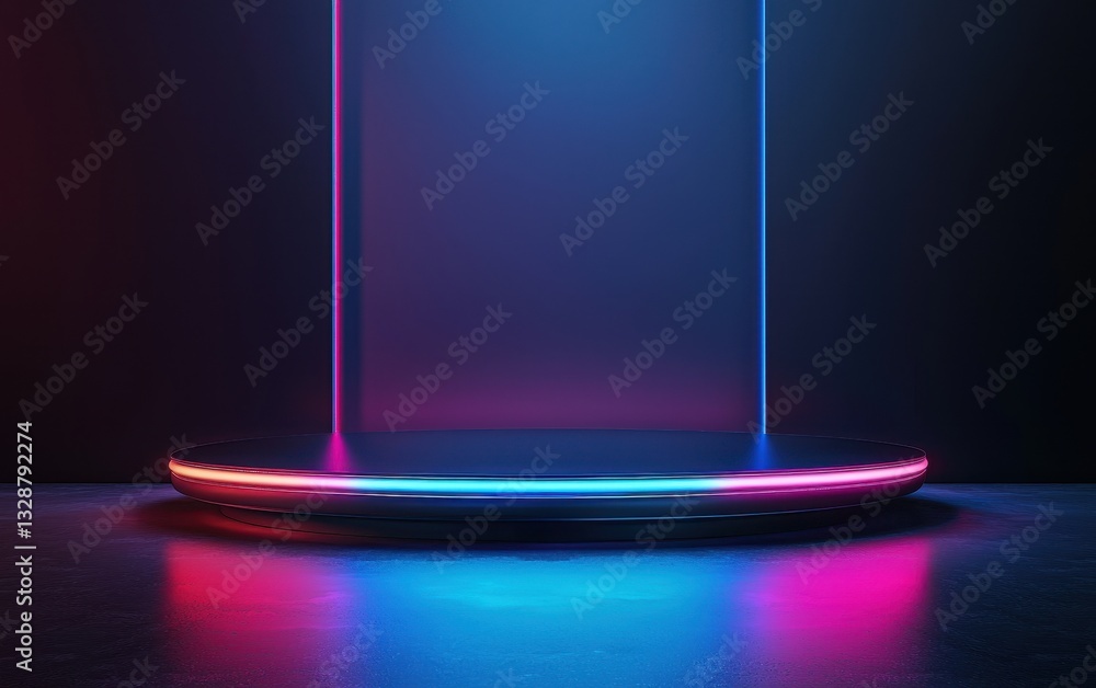 Futuristic podium with sleek, glossy surface and colorful lights for fashion presentation Futuristic podium with sleek, glossy surface and colorful lights for fashion presentation