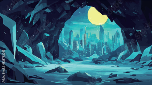 A digital illustration depicting a stylized cityscape viewed from within a crystal or ice cave. The scene is dominated by cool blue and teal tones. The cave walls are formed by sharp, geometric
