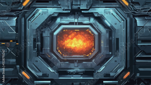 A digital illustration depicting a close-up view of a futuristic panel.  The panel is composed of metallic, geometric shapes in shades of blue and grey, with orange accents.  At the center, a