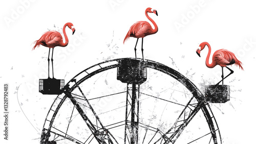 Digital illustration depicting three pink flamingos perched on a black and white stylized ferris wheel. The wheel is partially visible, with a splash effect suggesting movement or water.  The