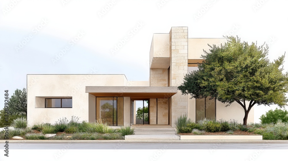 Modern minimalist house design with natural elements and spacious entrance surrounded by lush greenery Modern minimalist house design with natural elements and spacious entrance surrounded by lush greenery