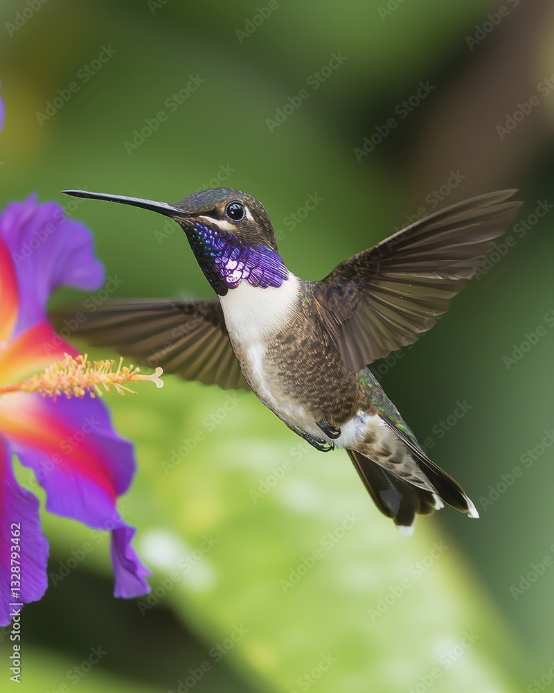 Fototapeta premium Vibrant Hummingbird Feeding on Colorful Flower in Nature Scene
