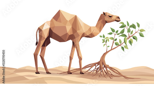 The image depicts a camel rendered in a low-polygonal style. The camel is light brown, and its form is composed of numerous polygons, giving it a faceted appearance. It is shown eating from a small