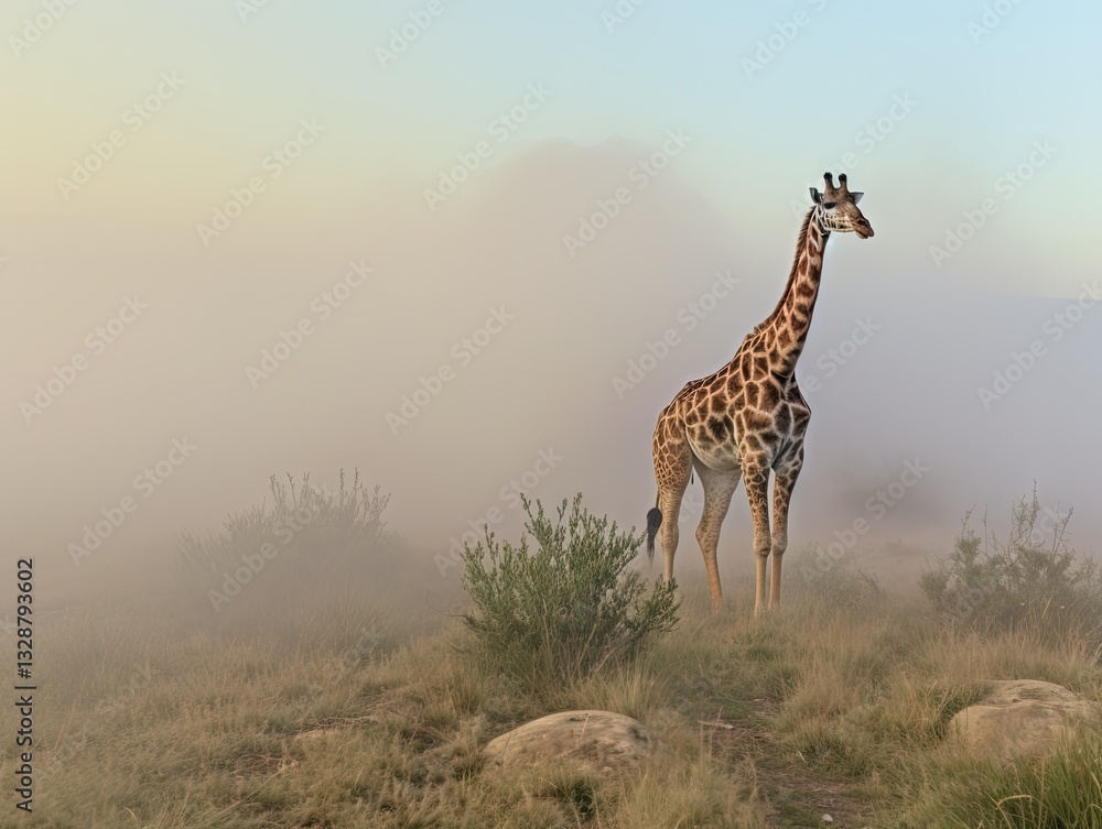 Misty Morning Giraffe in African Savanna Misty Morning Giraffe in African Savanna
