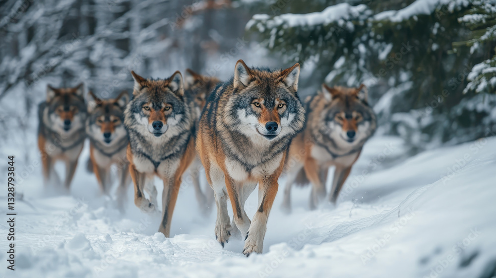 Naklejka premium Several wolves are seen trekking through a snow-covered forest, showcasing their pack behavior. The winter landscape highlights their sleek fur and strong build as they navigate the terrain