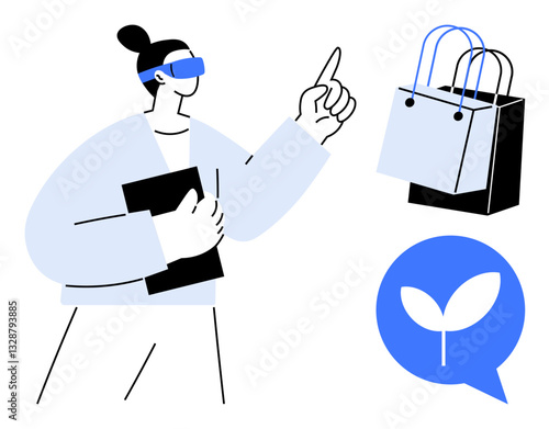 Woman wearing virtual reality glasses, holding a tablet, pointing toward shopping bags and an eco-friendly chat bubble with a leaf. Ideal for tech innovations, online shopping, sustainability