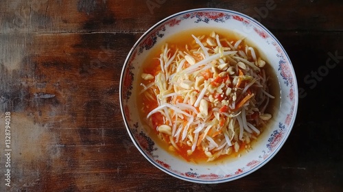 Fresh Papaya Salad with Vegetables and Peanuts in Spicy Dressing on Rustic Table