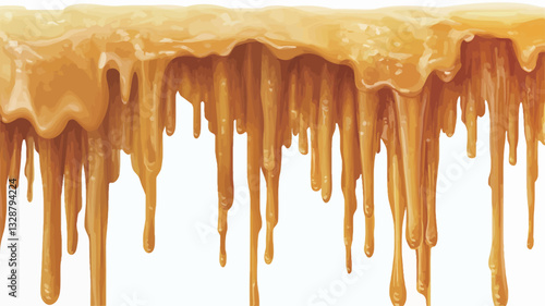 Close-up image of a thick, golden-yellow substance dripping downwards. The substance has a glossy, smooth appearance with variations in thickness and flow. The background is pure white, providing