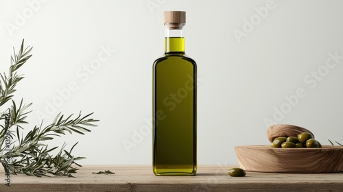 Bottle of olive oil on a wooden table. the bottle is tall and cylindrical with a cork stopper on top. it is filled with a golden-green liquid, which appears to be olive oil.