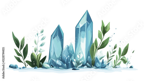 Digital illustration depicting three stylized, translucent blue crystals of varying heights,  positioned centrally. The crystals appear to be resting on a small mound of fragmented, smaller crystal