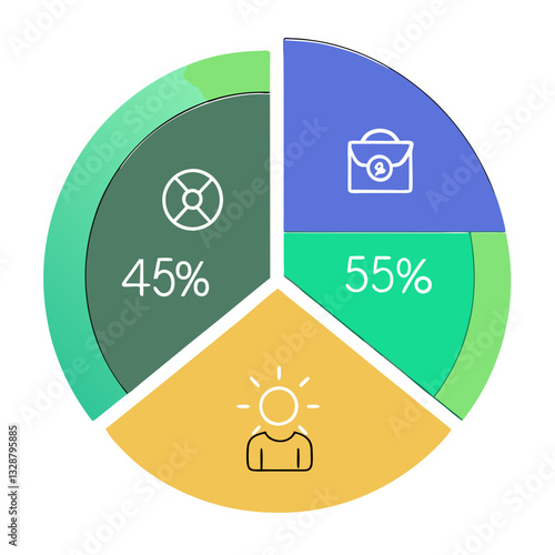 colorful pie chart displays three segments with percentages and icons, representing different categories. blue segment with briefcase icon shows 55%, green segment with steering wheel icon shows