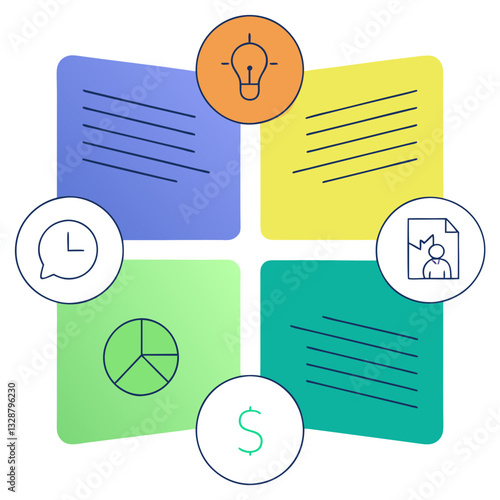 illustration featuring four quadrants with icons representing ideas, time management, financial growth, and teamwork, symbolizing strategic planning and productivity