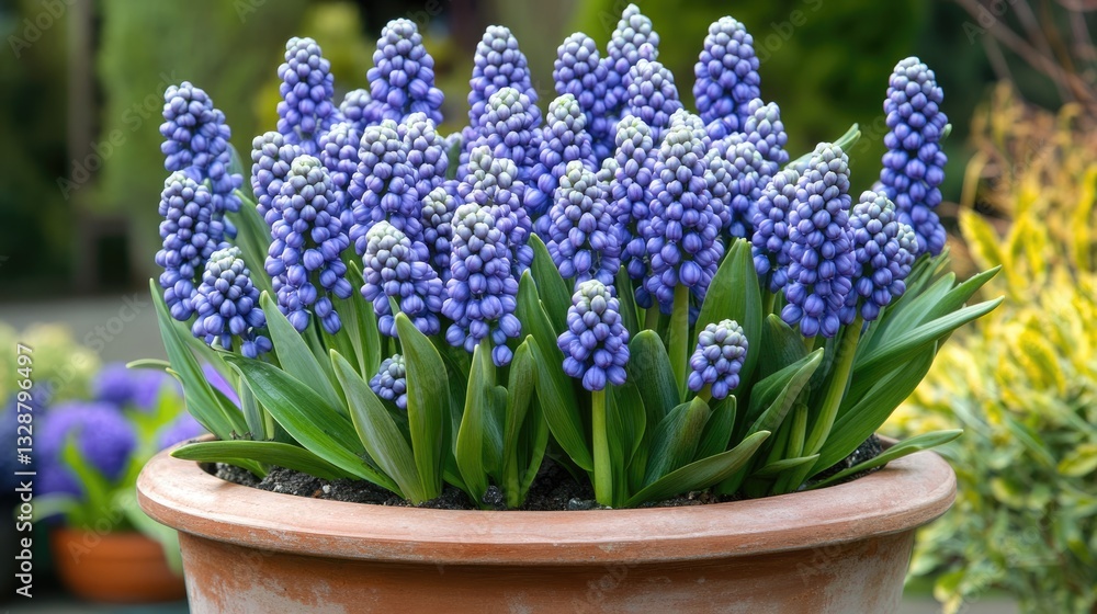 Fototapeta premium Blue Muscari in a Clay Pot