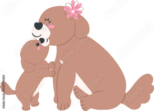 Mother's Day Puppy kisses mother's cheek cartoon illustration in flat design with love and warmth