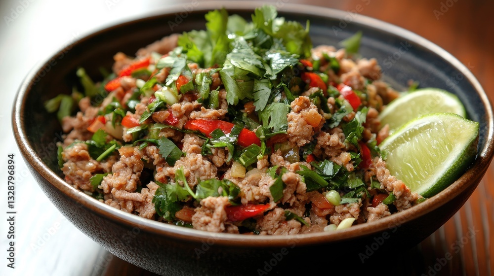Fresh and Flavorful Minced Meat Salad with Herbs, Vegetables, and Lime on a Wooden Surface Fresh and Flavorful Minced Meat Salad with Herbs, Vegetables, and Lime on a Wooden Surface