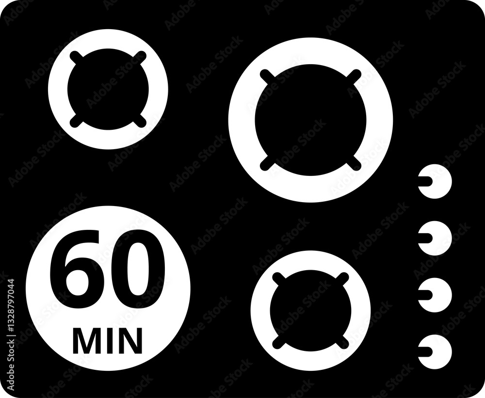 Cooking time and pot, oven, multicooker, microwave, stove, baking dish, saucepan and timer icon set. Cook for 1, 2, 5, 10, 15, 20, 25, 30, 40, 45, 50, 60 minutes icon. Cooking time and pot, oven, multicooker, microwave, stove, baking dish, saucepan and timer icon set. Cook for 1, 2, 5, 10, 15, 20, 25, 30, 40, 45, 50, 60 minutes icon.